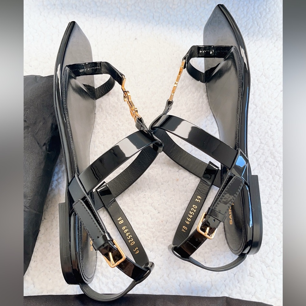 Saint Laurent Black Patent Leather T-Strap Sandals with Gold YSL Logo
